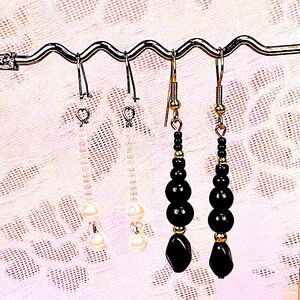 Earrings Pierced Handcrafted Unique White Pearls+Crystal & Black+Gold Beads
